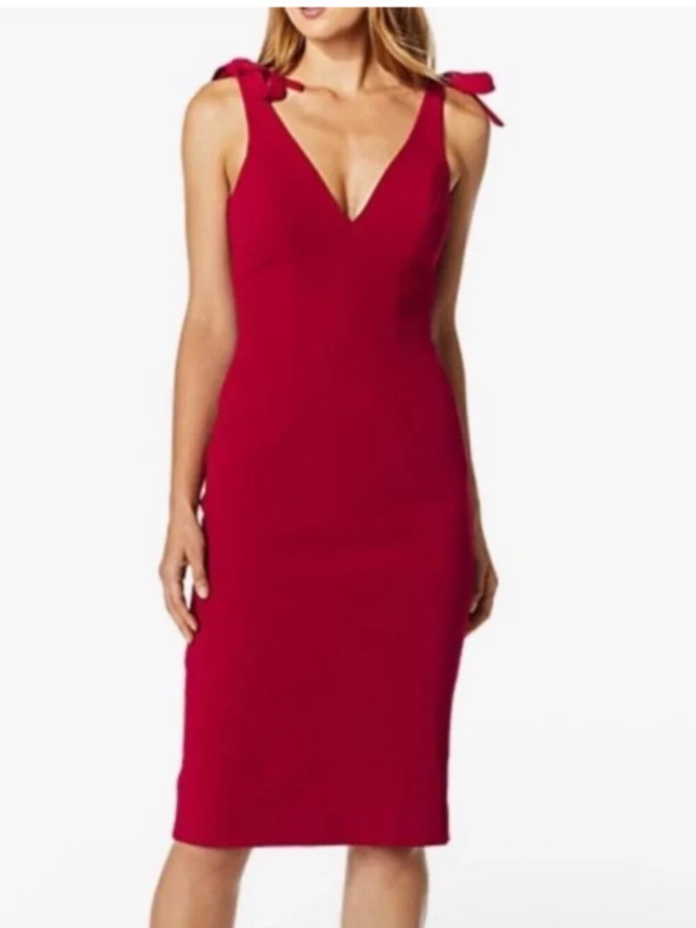 Dress the Population Red Midi Dress with Tie-Shoulder Straps